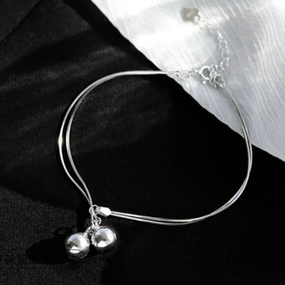 925 Sterling Silver Dangle Ball Charm Bracelet Double Layer Snakechain Bracelet - Picture 5 of 6